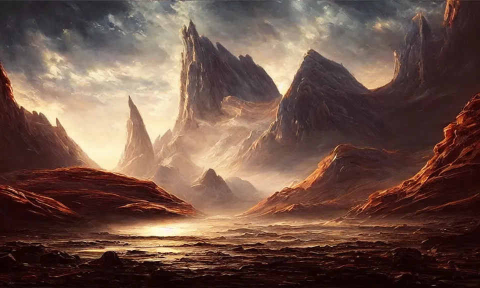 Image similar to the most beautiful landscape, oil painting, alien breathtaking landscape, giant spaceship, cinematic lighting, highly detailed, very realistic