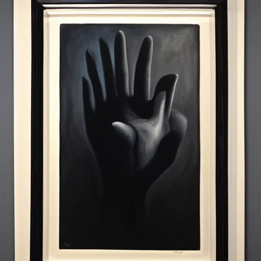 Image similar to white giant hand in a black void, painting by by ralph grady james, jean christian biville