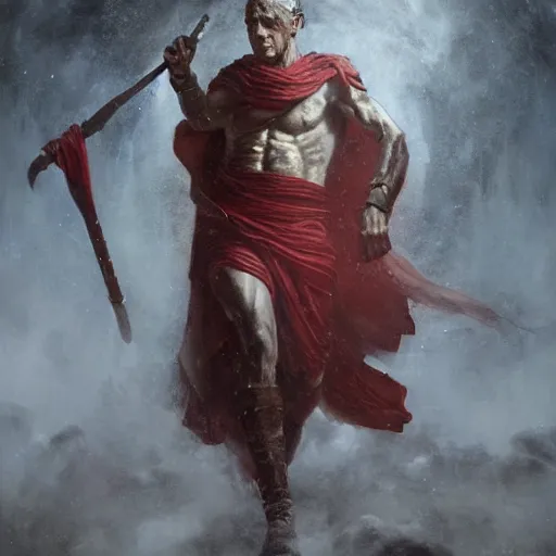 Image similar to a dramatic epic ethereal portrait of Julius Caesar, full body with dynamic pose, male, detailed face, cinematic lighting, highly detailed oil on canvas painting by Greg Rutkowski, winning-award digital art trending on Artstation H 1024 W 832