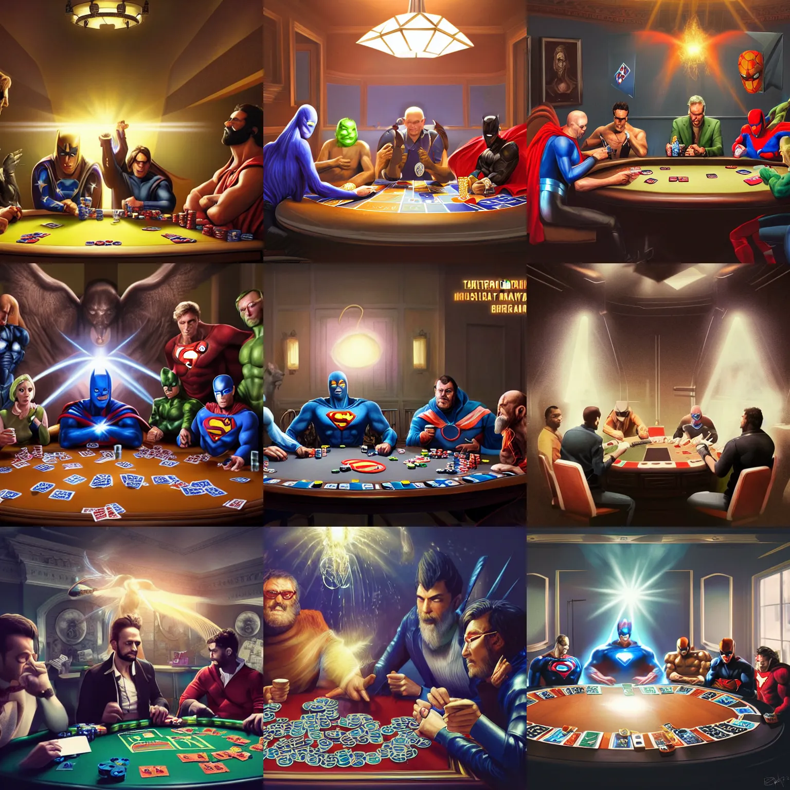 Prompt: MASTERWORK-DIGITAL-CONCEPT-ART-WALLPAPER 20-megapixel-DSLR-ULTRA-PHOTOREALISTIC PHOTOGRAPH of \'a team of superhero\'s sitting around a table playing poker\', god rays, ray tracing, by Brom and Beeple on artstation and cgsociety, ULTRA-HUHD-3d-macro-rendered