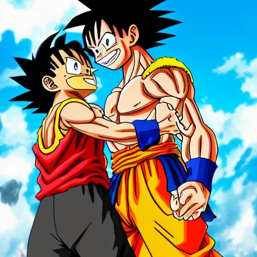 Image similar to goku from dragon ball z kissing luffy from one piece