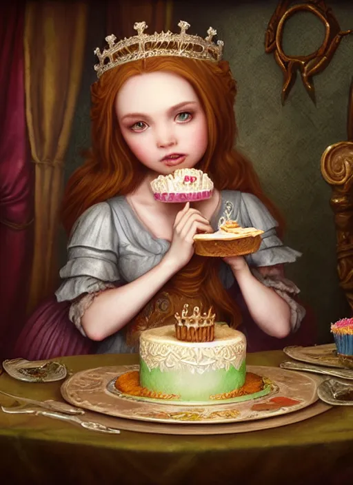 Prompt: highly detailed closeup portrait of an irish fairytale medieval princess eating cake, unreal engine, nicoletta ceccoli, mark ryden, lostfish, earl norem, global illumination, god rays, detailed and intricate environment