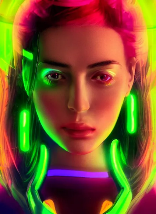 Image similar to gorgeous android woman facial portrait dressed in an aerobic sci - fi outfit of the eighties with neon colors and head band, retro, beautiful lights, vintage look, depth of field, hyper realistic, illustration, airbrush, 8 k, intricate, duo tone, art by david la chapelle and philip castle, artgerm