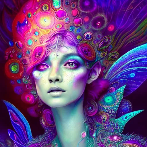 Image similar to An extremely psychedelic crystalline soul fairy, multifaceted, crystals, surreal, dramatic lighting, magic mushrooms, psilocybin, LSD, face, detailed, intricate, elegant, lithe, highly detailed, digital painting, artstation, concept art, smooth, sharp focus, illustration, art by Krenz Cushart and Artem Demura and alphonse mucha