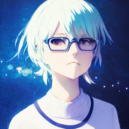 Prompt: anime cute girl in blue sweater white white hair black glasses blushing kind standing psychedelic background by greg rutkowski makoto shinkai kyoto animation key art feminine mid shot wlop madhouse, ufotable, comixwave films, trending on artstation