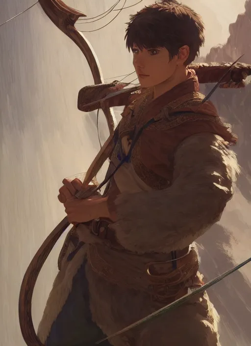 Image similar to a portrait of a male archer, intricate, tone mapped, ambient lighting, medieval, highly detailed, digital painting, artstation, concept art, 4 k, stunning beautiful, sharp focus, by makoto shinkai and akihiko yoshida and hidari and wlop