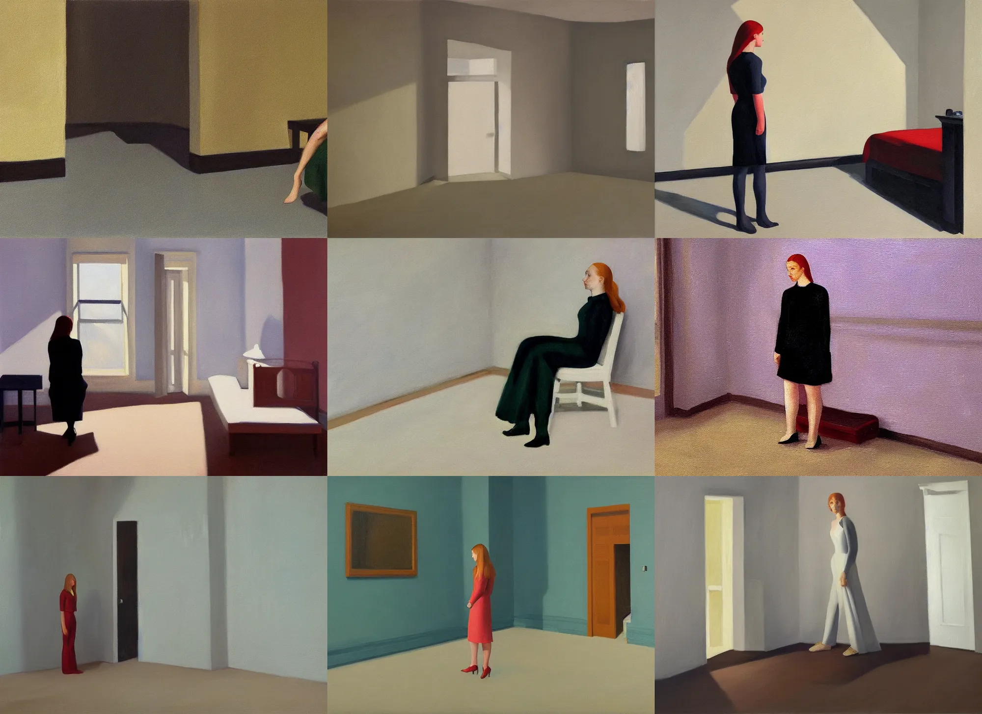 Prompt: minimalist sophie turner in empty room oil painting by edward hopper