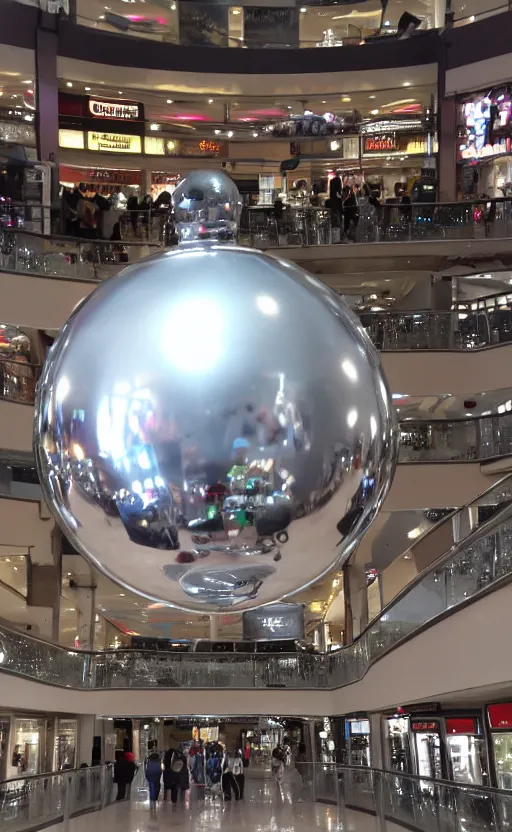 Image similar to photo of a chrome blob in a mallsoft mall, sharp wide shot