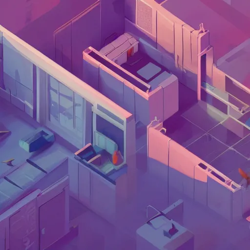 Prompt: an aerial view of a person walking through a room, concept art by James Gilleard, trending on Artstation, serial art, 2d game art, isometric, volumetric lighting