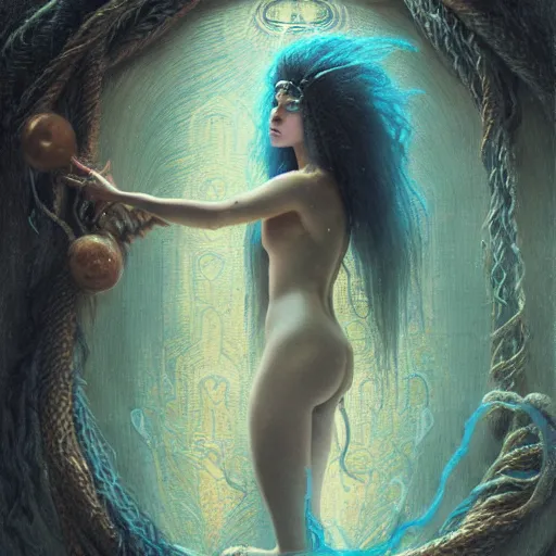 Image similar to birth of mami wata, sumerian goddess inanna ishtar, ashteroth, techno mystic goddess princess intergalactica, with aqua neon rapunzel dreadlocks, mami wata, detailed, by gaston bussiere, bayard wu, greg rutkowski, giger, maxim verehin, greg rutkowski, masterpiece, sharp focus,