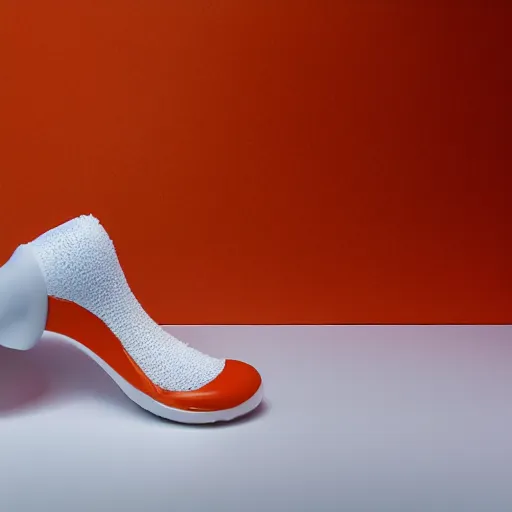 Image similar to an ultra high definition professional studio photograph, 5 0 mm f 1. 4 iso 1 0 0. the photo is set in a plain white room with a plain white plinth centrally located. the photo depicts a fashionable jelly shoe. the colour of the jelly shoe is orange.