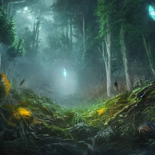Prompt: a lush alien clearing, alien forest in background, otherworldly, wide angle, flowers, cinematic, very detailed, glow, night, vivid, featured on artstation -n 5