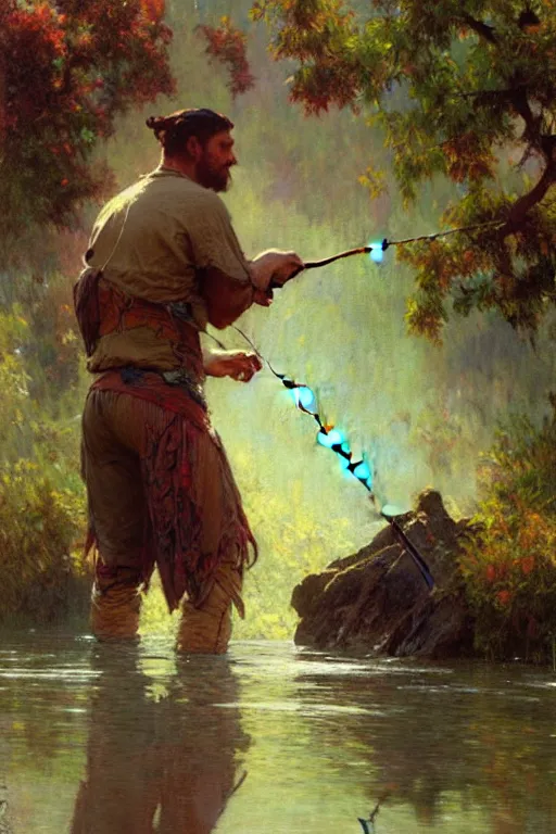 Prompt: attractive man, fishing, cool colors, painting by gaston bussiere, craig mullins, greg rutkowski, alphonse mucha