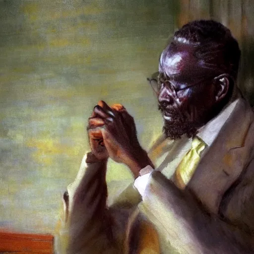 Image similar to a painting of a thinker, thoughtful, focused, visionary, calm, jovial, loving, daddy/fatherly, generous, well fed, elegant elder and his on from Kenya by Henry Ossawa Tanner . dramatic angle, ethereal lights, details, smooth, sharp focus, illustration, realistic, cinematic, artstation, award winning, rgb , unreal engine, octane render, cinematic light, macro, depth of field, blur, red light and clouds from the back, highly detailed epic cinematic concept art CG render made in Maya, Blender and Photoshop, octane render, excellent composition, dynamic dramatic cinematic lighting, aesthetic, very inspirational, arthouse.