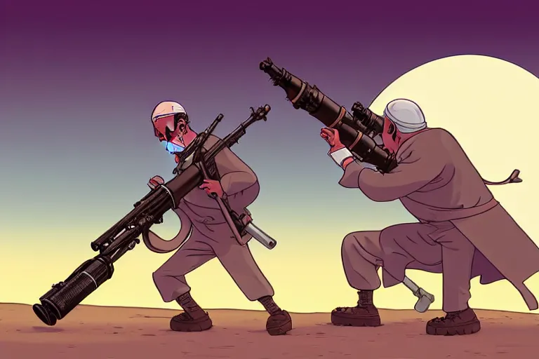 Image similar to a study of a cell shaded cartoon pope firing a bazooka on a desert road in front of a big moon, full body, wide shot, very muted colors, post grunge, studio ghibli, laurie greasley, highly detailed, deviantart, art by artgem