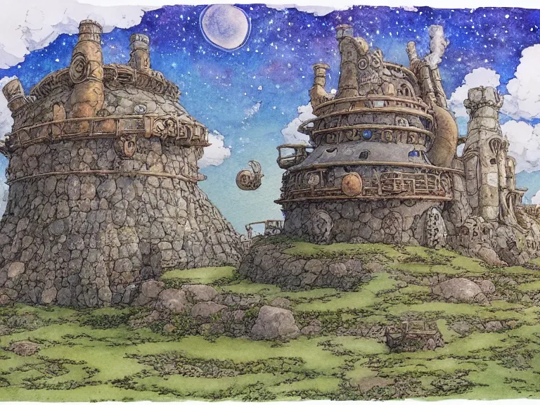 Image similar to hyperrealist studio ghibli watercolor fantasy concept art of an immense earthship solar home from howl's moving castle sitting on stonehenge like a stool. it is a misty starry night. by rebecca guay, michael kaluta, charles vess