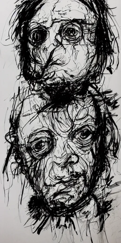 Image similar to a loose wild messy ink sketch portrait of a self portrait in the style of ralph steadman, caricature, dramatic