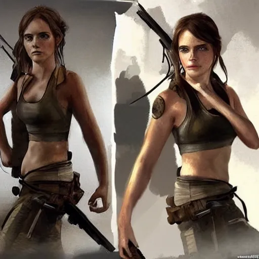 Image similar to Emma Watson as Lara Croft, concept art, highly-detailed, stunning