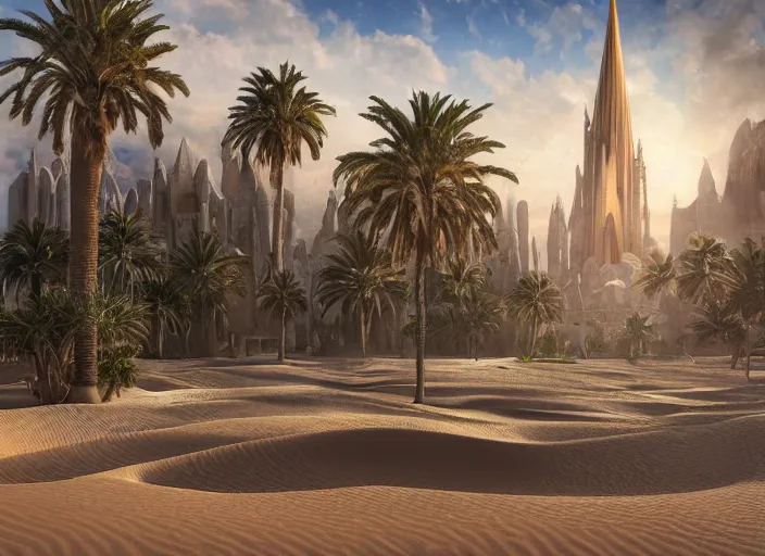 Image similar to cover concept art of the lost sand city, levitating sand, golden towers, golden pillars, palm trees, space and time, floating objects, post-processing, in the style of Hugh Ferriss, Behance, Artgerm. High detail, ultra realistic render, octane, 3D, photorealism, symmetric, cinematic