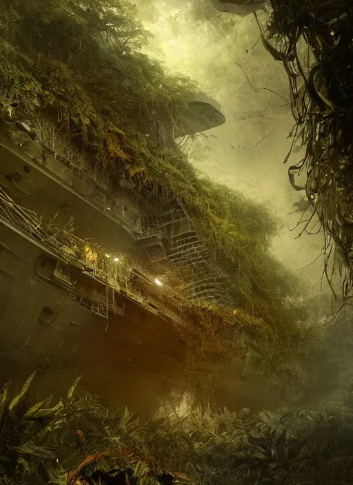 Image similar to aircraft carrier USS Nimitz overgrown with vegetation laying on the ground of a tropical forest, post appocalyptic, by Luis Royo, by Greg Rutkowski, dark, gritty, intricate, cover illustration, concept art, volumetric lighting, volumetric atmosphere, sharp focus, octane render, trending on artstation, 8k