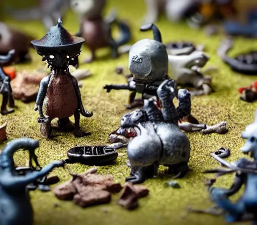 Image similar to miniature figurines of heironymus bosch monsters, close up, detail, tilt shift, product photography