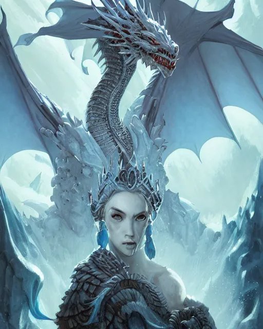 Image similar to portrait of the ice dragon queen athey, greg rutkowski, greg toccini, james gillard, joe fenton, kete butcher, dynamic lighting, gradient light blue, brown, light cream and white colors, grunge aesthetics, detailed and complex environment