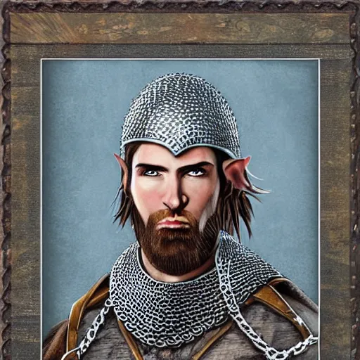 Prompt: an epic portrait of a lanky half elf with a chinstrap beard, clad in a chain mail of wood, drawn by john avon