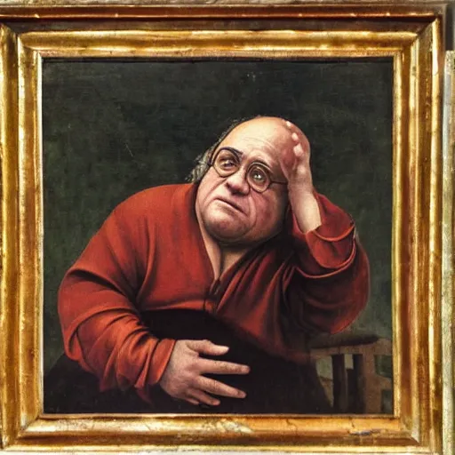 Prompt: renaissance painting of danny devito sitting on a stool, historical, artwork, oil painting, fresco painting, tempera painting