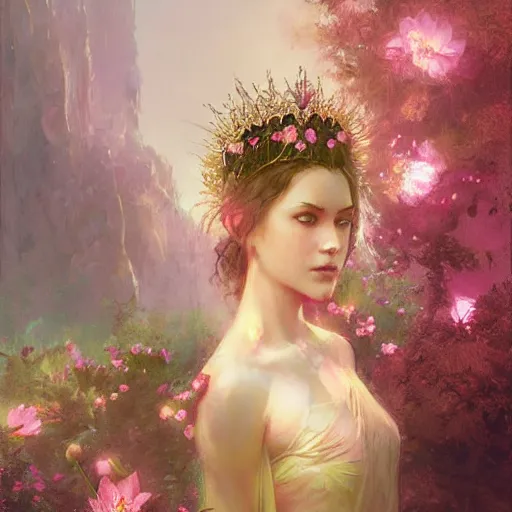 Prompt: Lotus floral crown girl, pink Lotus queen, epic fantasy style art by Craig Mullins, fantasy epic digital art, epic fantasy art by Greg Rutkowski