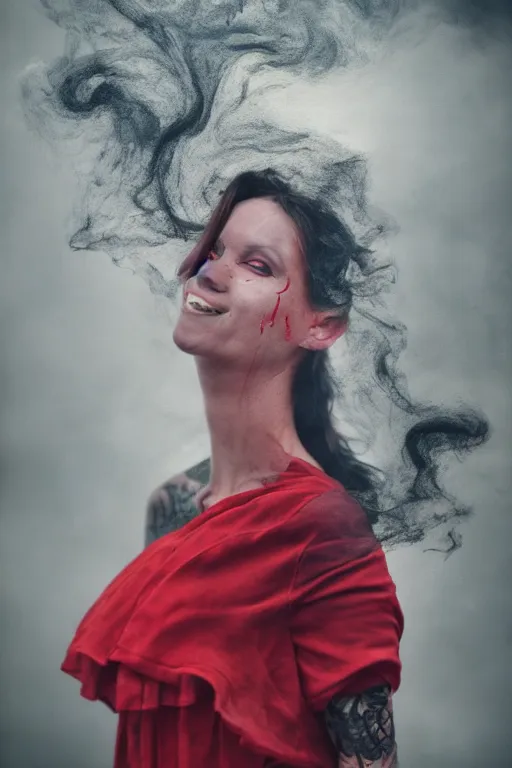 Image similar to tattooed beautiful cult girl smoke swirling and smiling, red dress, drug trip, symmetric, dark, moody, eerie religious composition, photorealistic oil painting, post modernist layering, by Sean Yoro