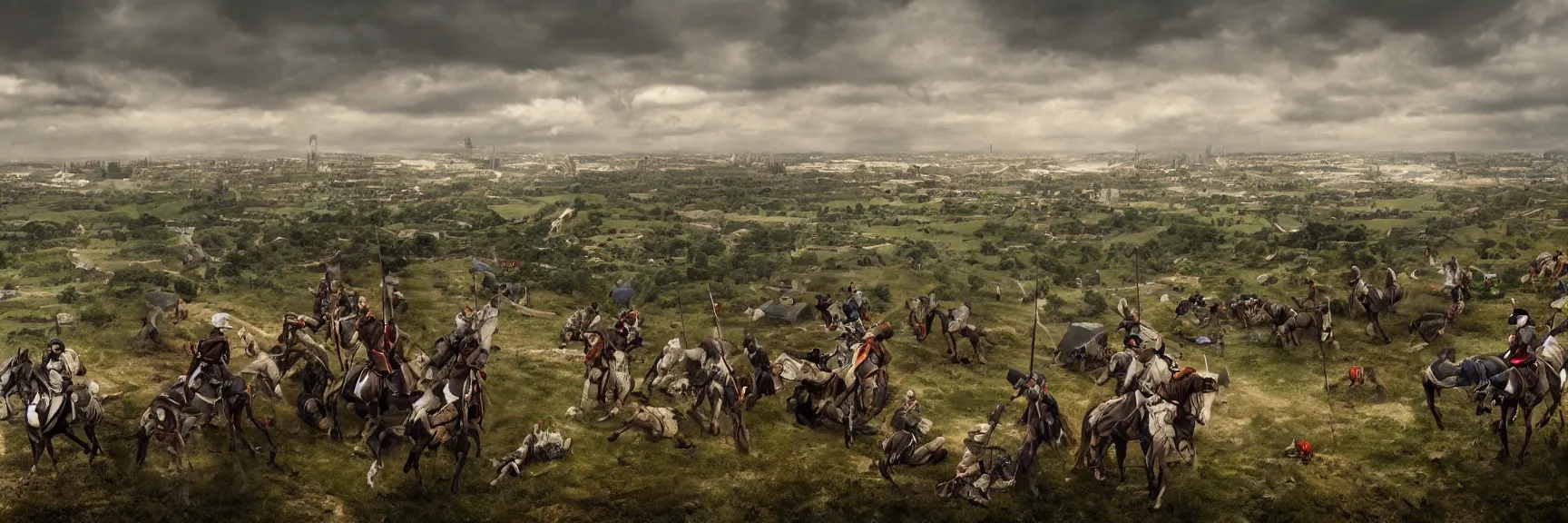 Prompt: horseback knights at scenic overlook; cloudy, grey skies, tent camps in foreground, dead bodies and parts of deadbodies lying on the muddy war ground; fortress city in background upon hill, medieval; artstation, ultrarealistic photography, 4K