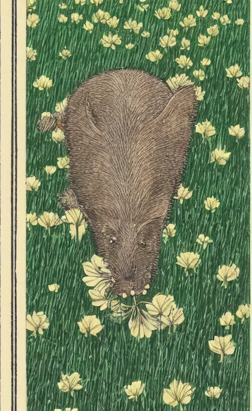 Image similar to by akio watanabe, manga art, a single boar eating in a field of clovers, trading card front