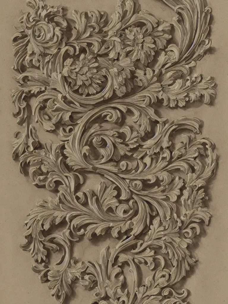 Image similar to a beautiful and masterful engraving decorative ornamental emblem, acanthus, floral, acroteria, arabesque, bead and reel, beams, bocage, cartouche, caulicoli, dentils, eagle, rendered in octane