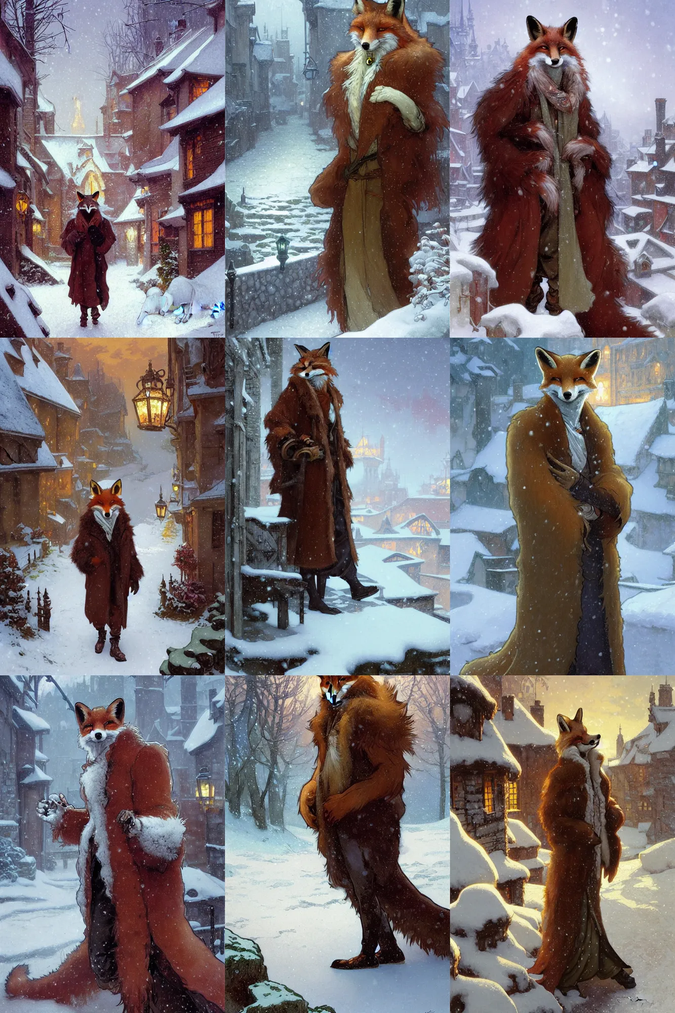 Prompt: an anthropomorphic fox man wearing a long fur coat in a snowy village, character illustration by greg rutkowski, thomas kinkade, alphonse mucha