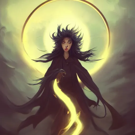 Image similar to a scary evil monster by peter mohrbacher gold leaves dramatically circling in the wind, dark muted colors, top light, cinematic, asian sun, peter mohrbacher dramatic long haired woman with long dramatic black ribbon circling in the wind, casey baugh style, dark muted colors, top light, cinematic, asian sun, art deco border, golden ratio deco border, golden ratio