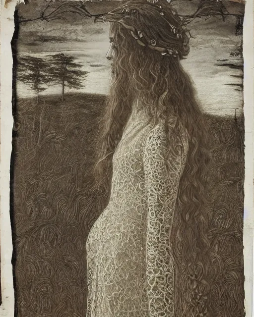 Image similar to a young woman standing by the sea, long hair, made of intricate decorative lace leaf skeleton, in the style of the dutch masters and gregory crewdson, dark and moody