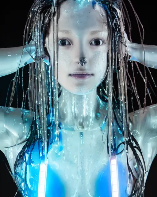 Image similar to photo of female dancer as a cyberpunk mecha humanoid robotic head shoulder parts with straight bright led lights, under a shower, wet skin with water dripping down face, ultra - realistic and detailed, 8 k