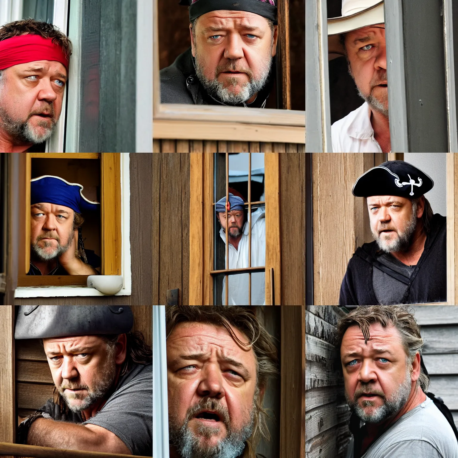 Image similar to concerned russell crowe with pirate hat peering out from a small window, wooden wall