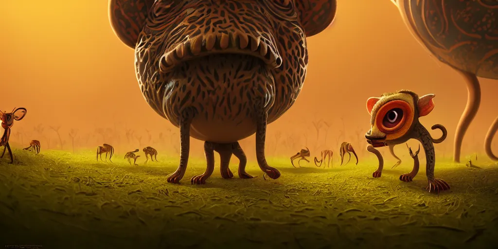 Prompt: of an intricate hazy savanna with strange big cute creatures with long tongues, big eyes and huge noses appearing from the ground, in the style of craola, macro lens, shallow depth of field, highly detailed, digital painting, trending artstation, concept art, illustration, cinematic lighting, vibrant colors, photorealism, epic, octane render