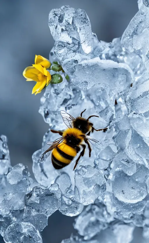 Image similar to a bee finding a beautiful flower, both entrapped in ice, only snow in the background, beautiful macro photography, ambient light