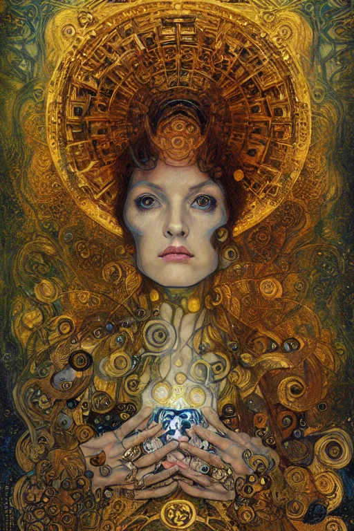 Image similar to Divine Chaos Engine portrait by Karol Bak, Jean Deville, Gustav Klimt, and Vincent Van Gogh, sacred geometry, visionary, mystic, fractal structures, ornate gilded medieval icon, spirals