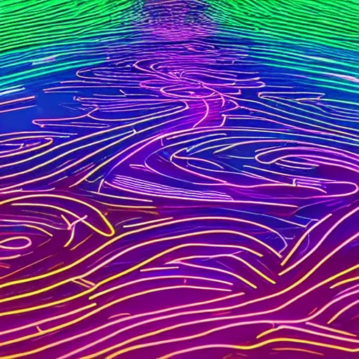 Image similar to A neon ocean at midnight. Hyper detailed.