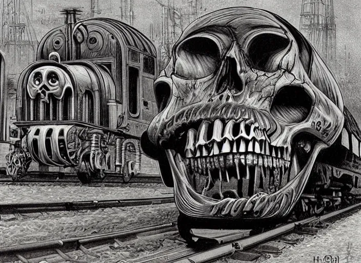 Image similar to the Laughing Skull train by H.R. Giger