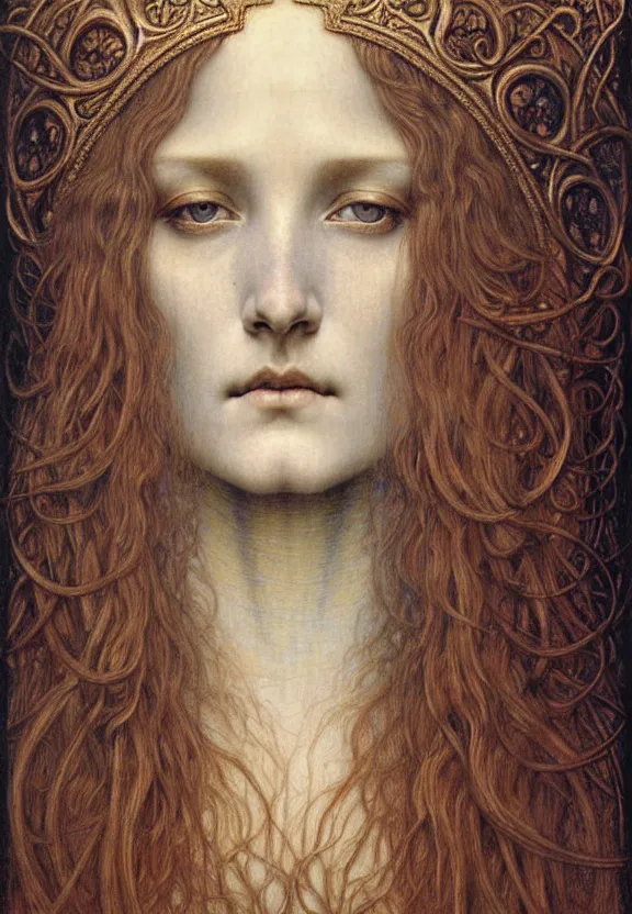 Image similar to detailed realistic beautiful young medieval queen face portrait by jean delville, gustave dore and marco mazzoni, art nouveau, symbolist, visionary, gothic, pre - raphaelite. horizontal symmetry