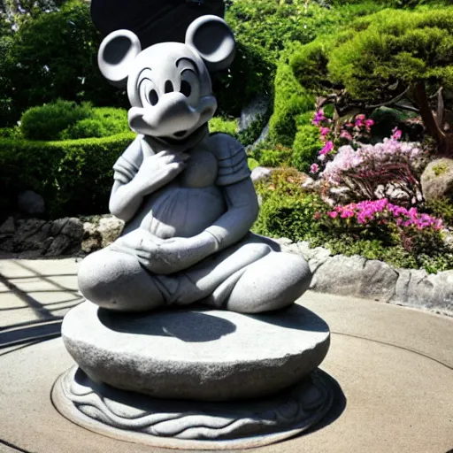 Image similar to marble statue of mickey mouse meditating in a rococo japanese garden