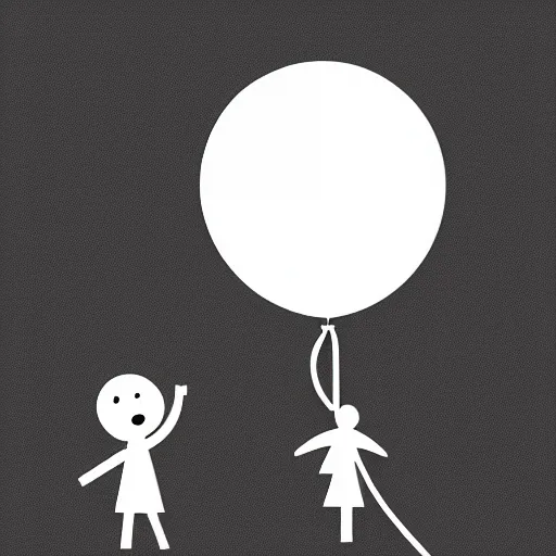 Image similar to book illustration of a balloon character holding a floating human by a string, book illustration, monochromatic, white background, black and white image