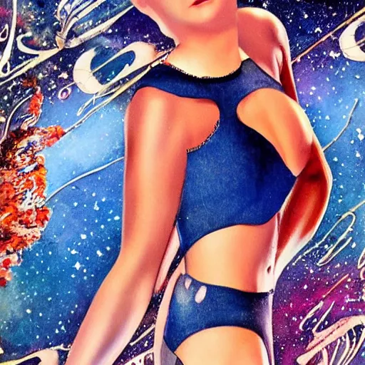 Image similar to vintage inspired, mixed media collage of a swimsuit model in space, full body, trending on art station, highly detailed, excellent composition