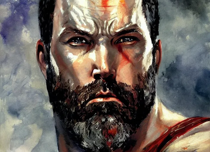 Image similar to a highly detailed beautiful portrait of ben affleck as as kratos, by gregory manchess, james gurney, james jean