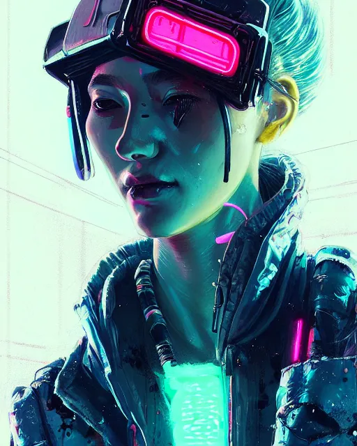 Prompt: detailed portrait neon operator lady, messy blonde bun, cyberpunk futuristic, neon, reflective puffy coat, decorated with traditional japanese by ismail inceoglu dragan bibin hans thoma greg rutkowski alexandros pyromallis nekro rene margitte, illustrated, perfect face, fine details, realistic shaded, fine - face, pretty face