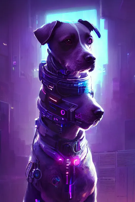 Image similar to a beautiful portrait of a cute cyberpunk dog by greg rutkowski and wlop, purple blue color scheme, high key lighting, volumetric light, digital art, highly detailed, fine detail, intricate, ornate, complex, octane render, unreal engine, photorealistic